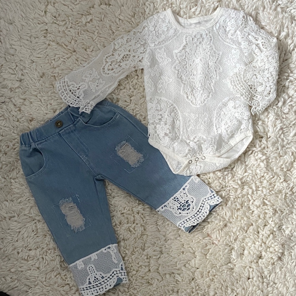 girls size 18mo -24mo matching set White Lace 1pc top Blue Jeans w white lace ¥